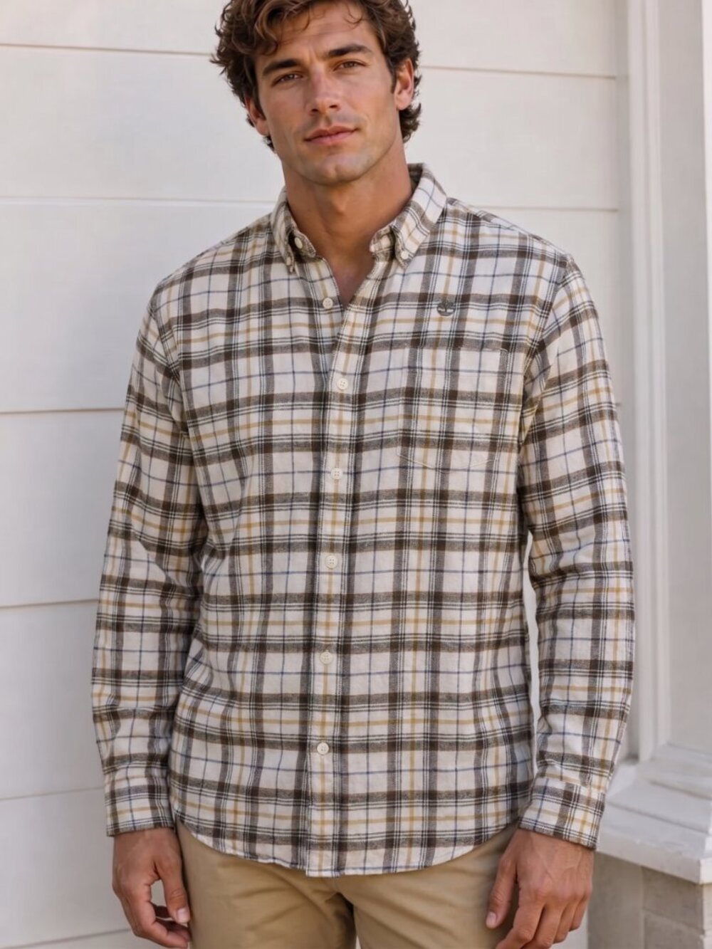 Mens Timberland Cream Plaid Button-Down Shirt
